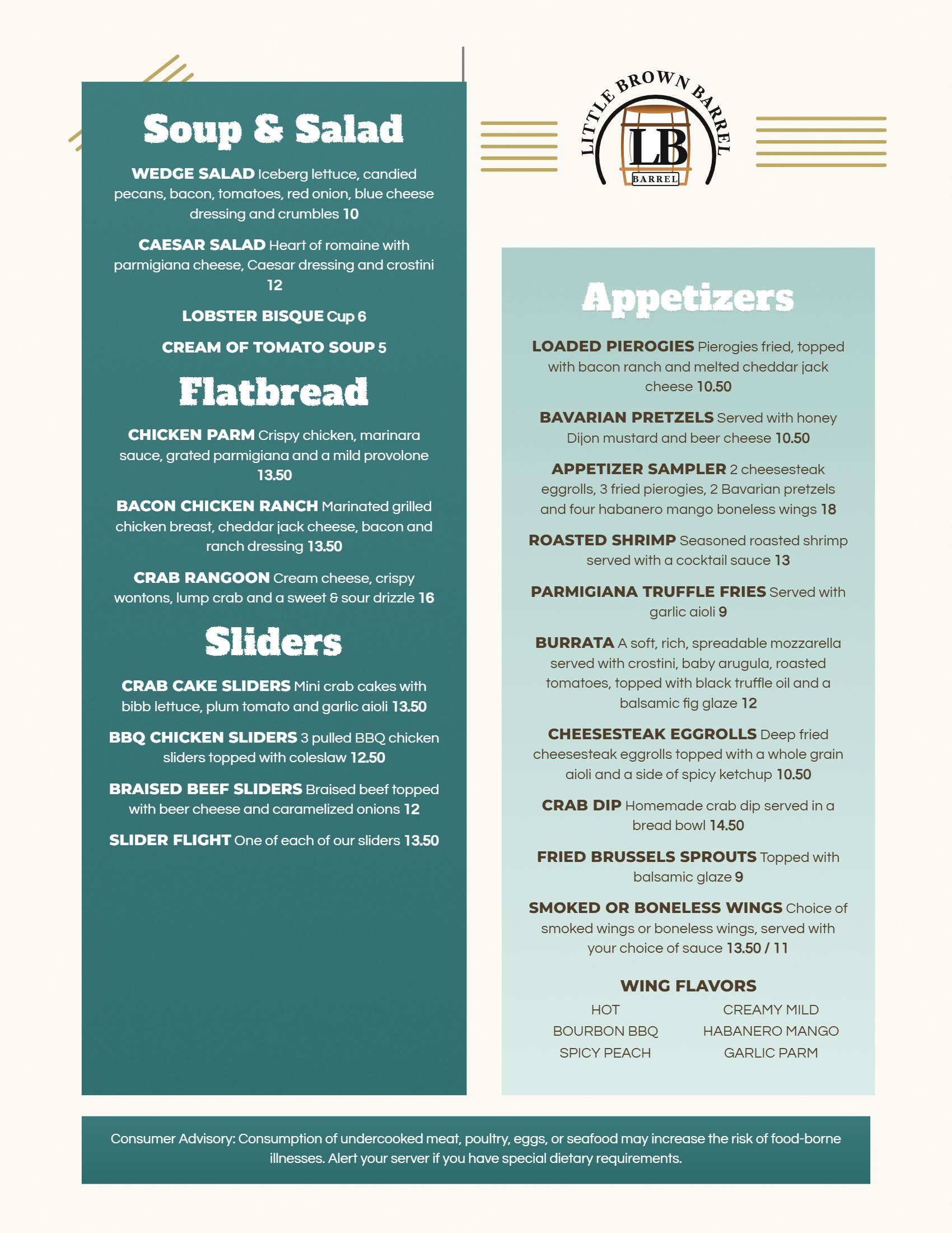 The Little Brown Barrel printed menu