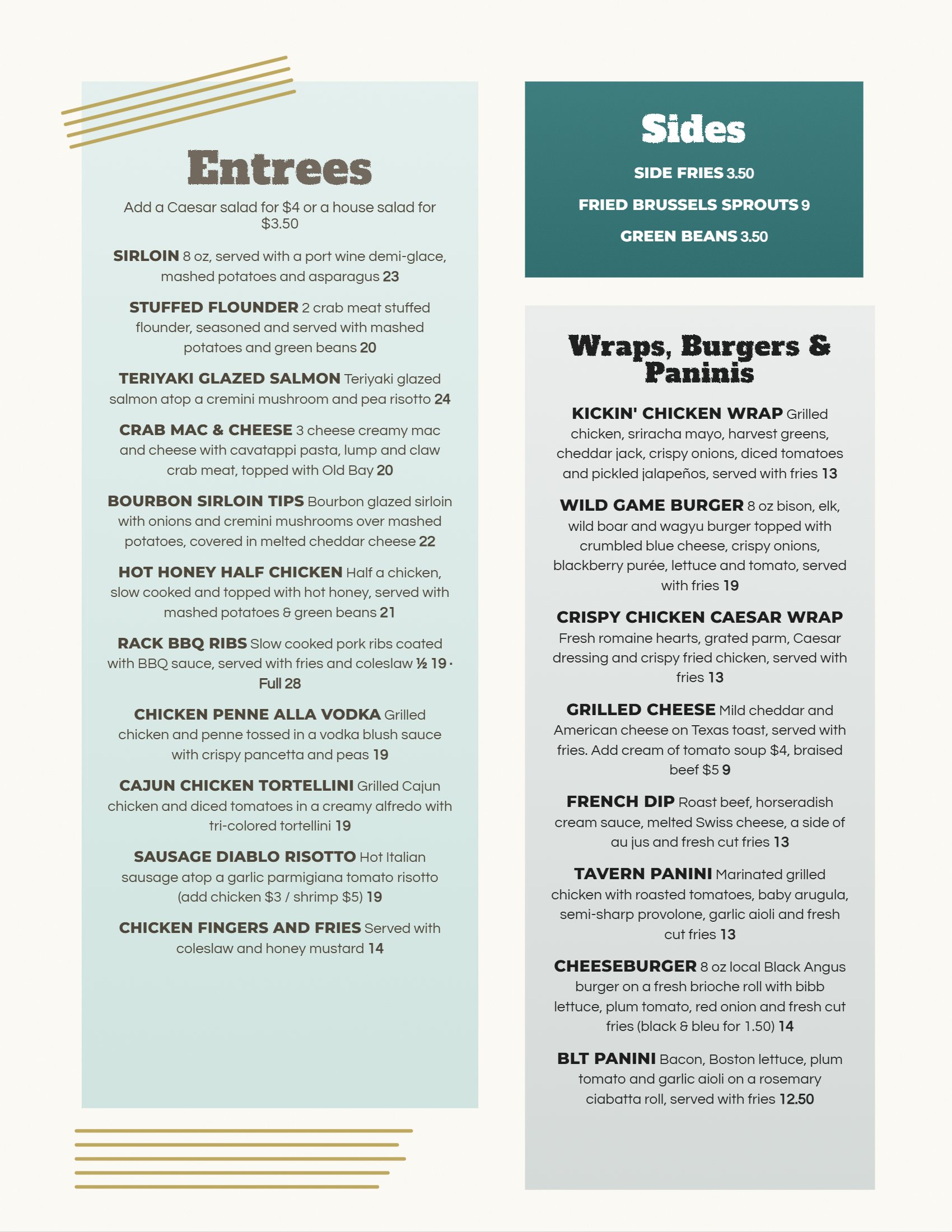 Printed menu page 2: entrees, sides, wraps, burgers and paninis